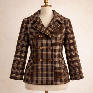Vintage 1960s RARE Pendleton Plaid Wool Peacoat Women's Double Breasted Brown